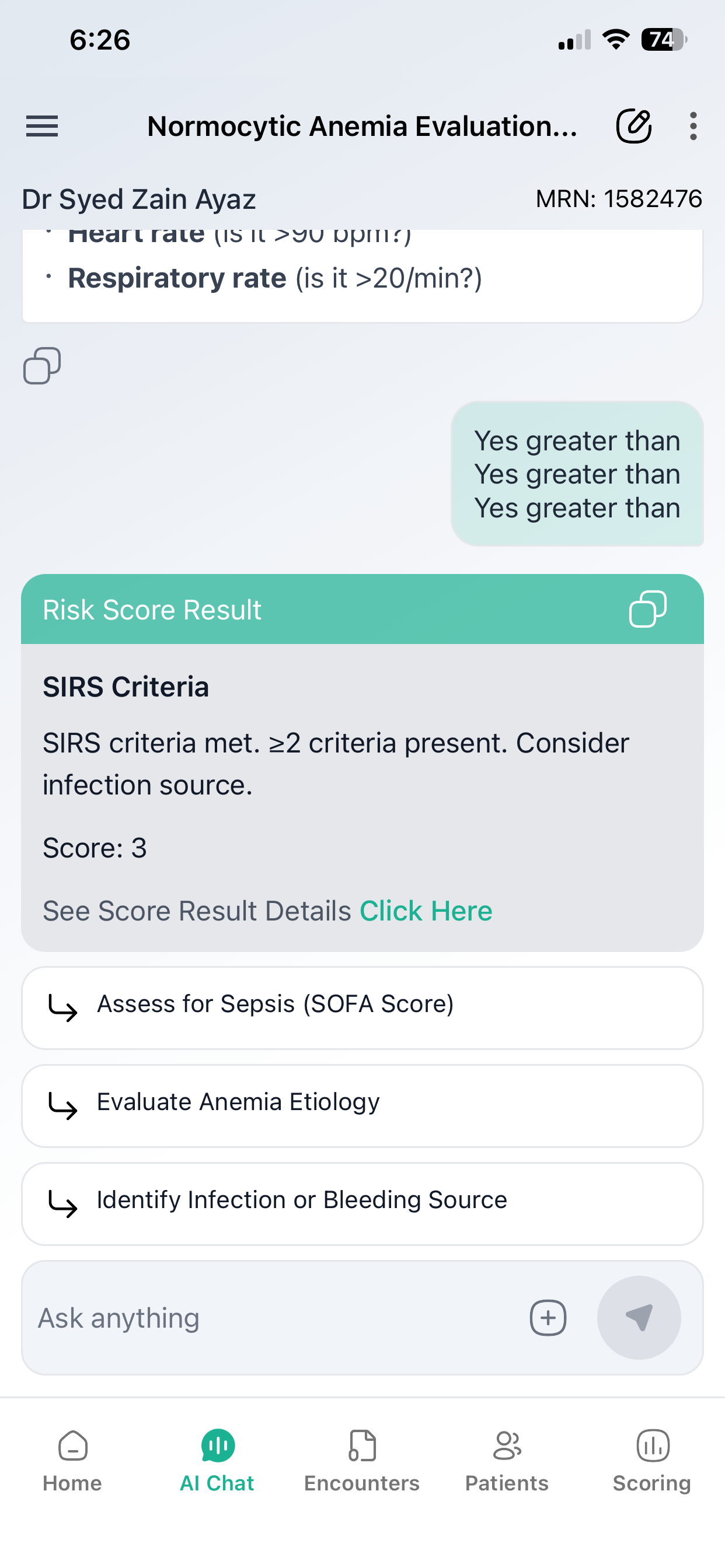 AI chat assistant answering a clinical question in context